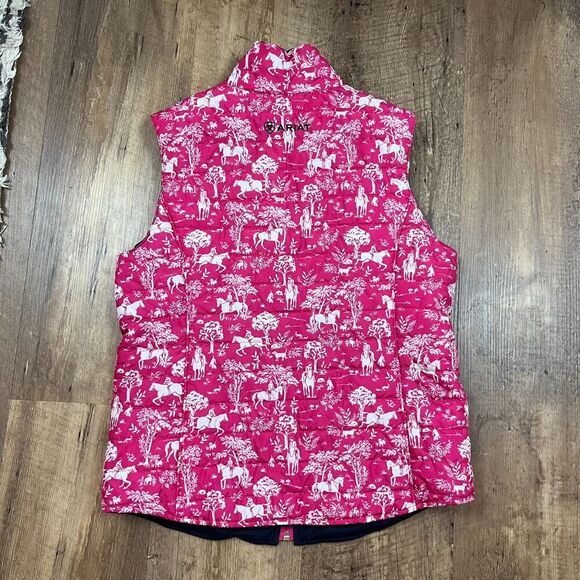 Ariat Down Puffer Vest Pink Horse Pattern Equestrian Full Zip XS/S *Read - Picture 9 of 10